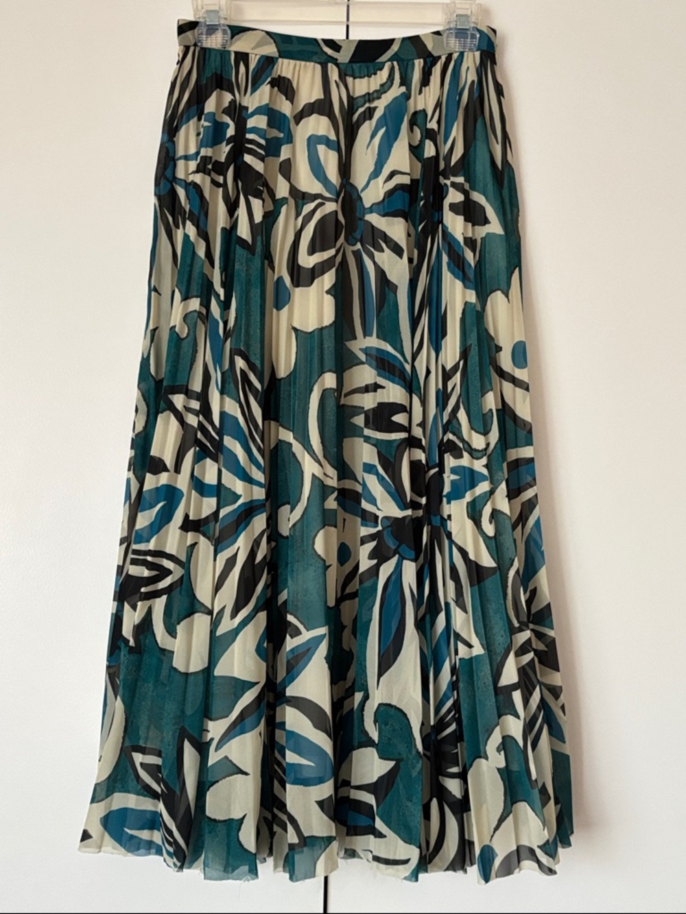 Dries Van Noten Teal, Cream & Black Pleated Midi Skirt size 36